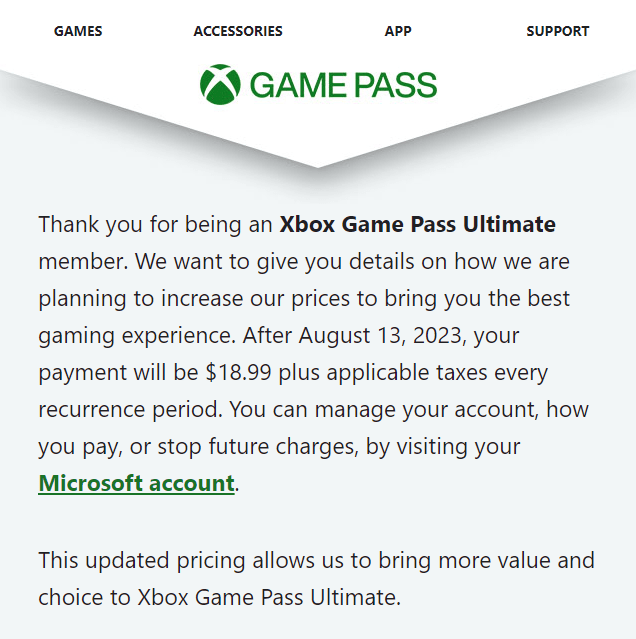 xbox game pass price increase email