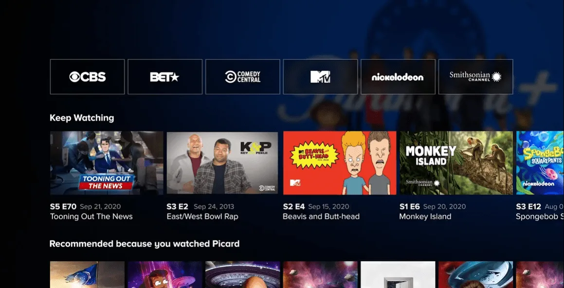 Paramount+ Streaming Menu