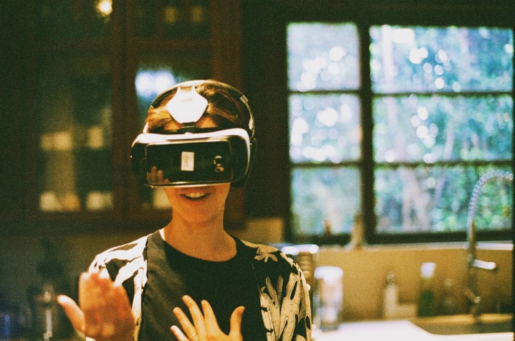 virtual reality woman wearing vr headset