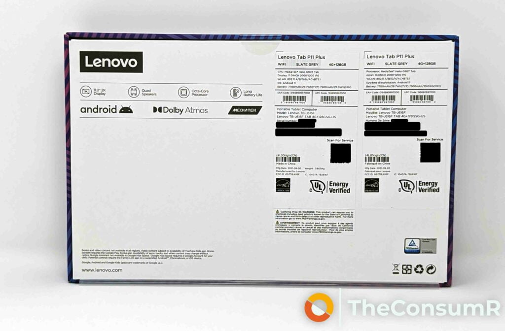 Lenovo P11 Plus Box Back on white background