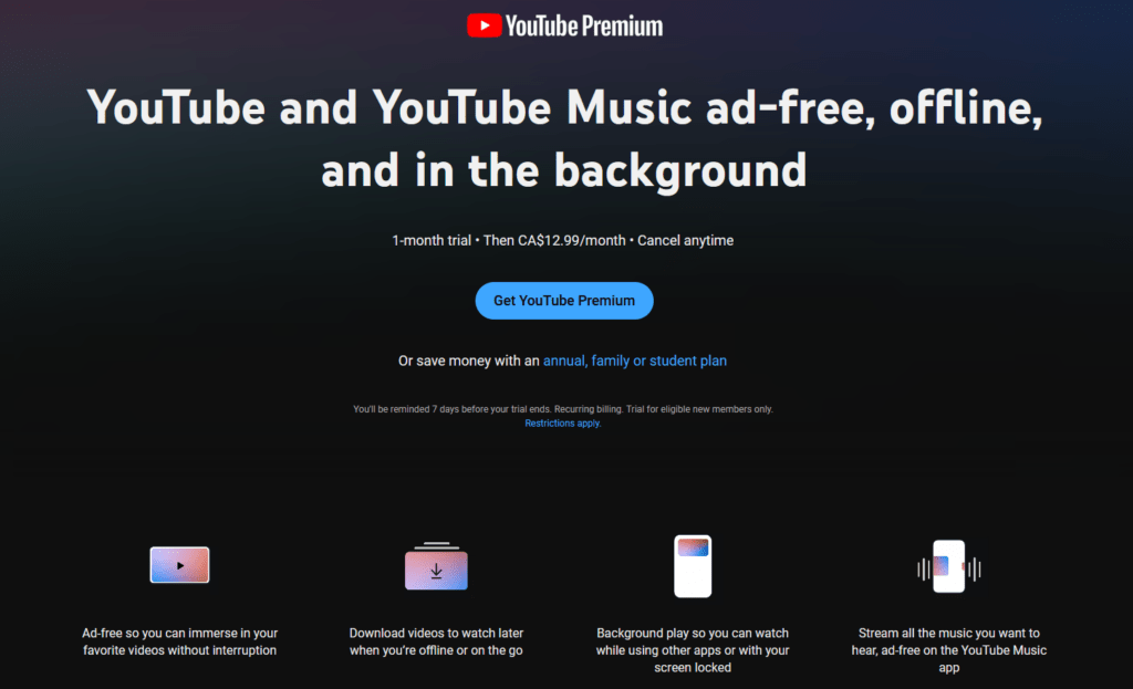 YouTube Premium Canada website screen capture