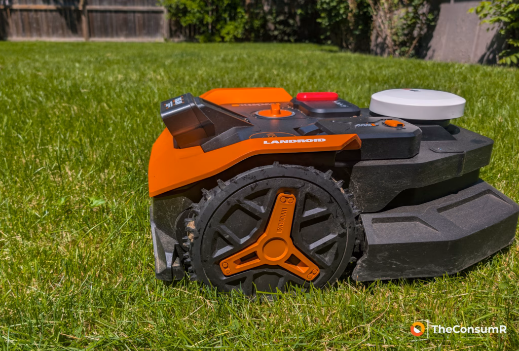 Worx Landroid robotic lawn mower on a green lawn