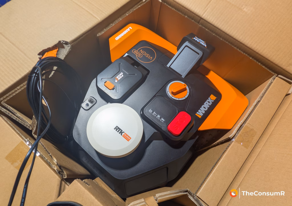 Worx Landroid Vision robotic lawn mower inside its cardboard shipping box