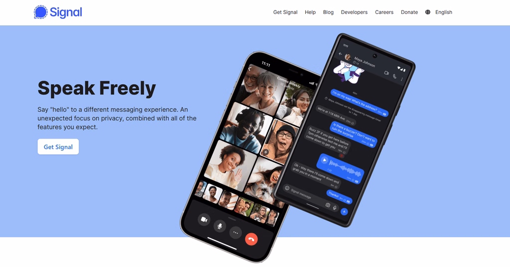 Signal website banner with the text Speak Freely and smartphones showing group video call and messaging interfaces