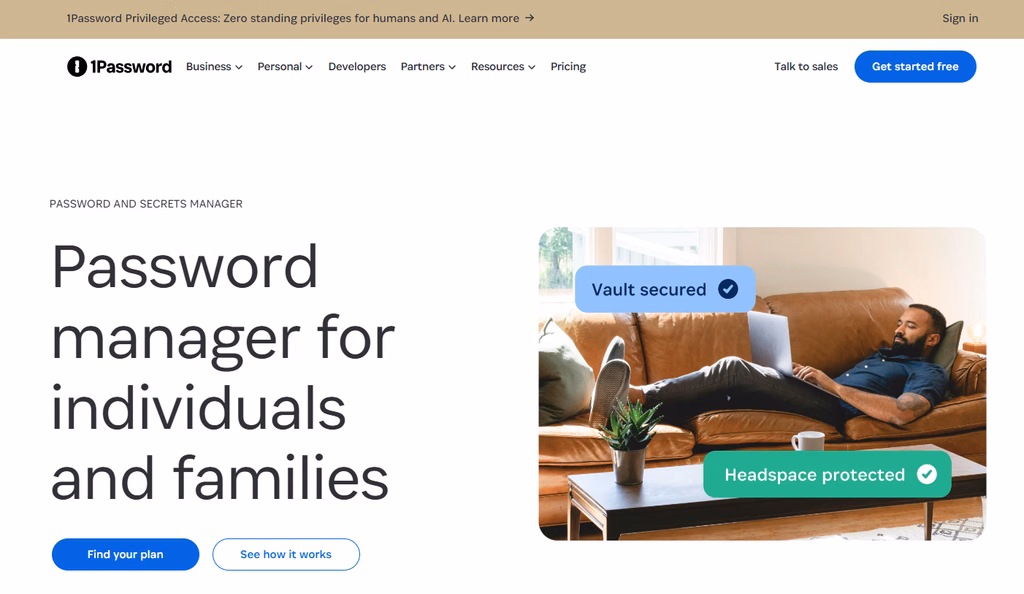 Screenshot of the 1Password homepage reading Password manager for individuals and families